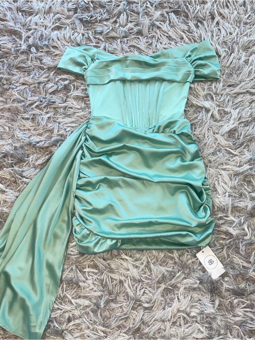 Off-Shoulder Satin Mini Dress in Seafoam Green